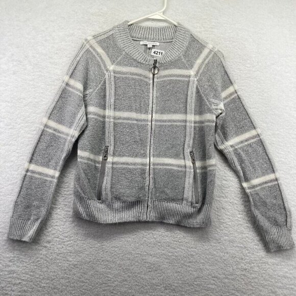 Linda Mathews Womens Front Zip  Cardigan Size Small Gray White Check Pockets - Picture 1 of 8